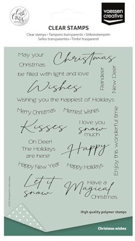 Vaessen Creative Sellos Transparentes 20 Uds - Textos de Navidad Inglés - Sellos de Silicona para Manualidades, Scrapbooking, Estampado y Tarjetería - Compatibles con Bloque de Acrílico