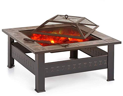 ZJFHEYUO Foyer extérieur avec Grille de Barbecue, brasero d'extérieur carré en métal, Chauffage de terrasse de Jardin avec Housse étanche, foyers extérieurs