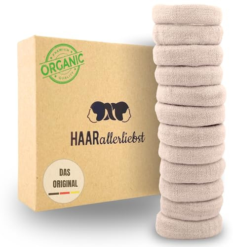 Hårallerkärlek hårsnodd för kvinnor set om 12 – hårsnoddar mjuka utan metall av ekologisk bomull och naturgummi – flätgummi beige för starkt grepp – skonsam mot hår och miljö