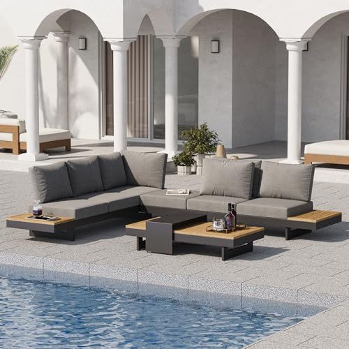 Homary 6-Sitzer Garten Lounge Set mit Aluminiumrahmen und Teak | Modulare Gartenlounge mit 12 cm Polstern für Familie und Gäste