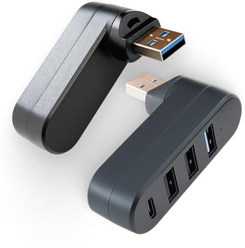 2PCS 4 Port USB 3.0 Hub mit 90°/180° drehbarem Stecker, usb verteiler 180° für schnelle Datenübertragung, mini USB Hub mit 3 USB Anschlüssen und 1 USB C Port, kompakter usb hub klein für Laptop PC Aut