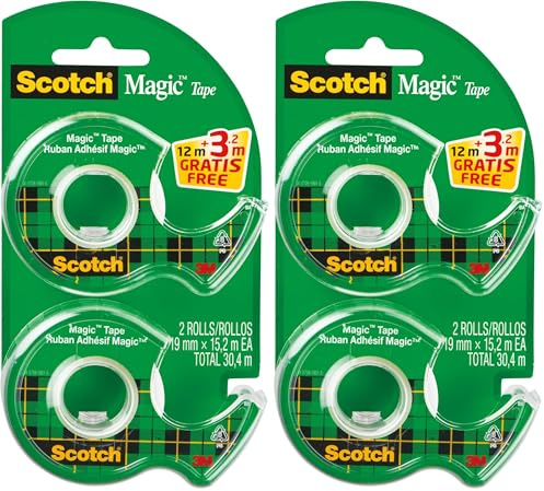 Scotch Magic Tape - 2 Handabroller, 19 mm x 12 m + 3,2 m GRATIS - Unsichtbares Klebeband, zum Verpacken von Weihnachtsgeschenken, Beschriften von Weihnachtskarten (Packung mit 2)