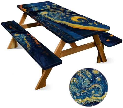 Housse Table Pique Nique 6FT avec Housses Banc (Lot de 3), Motif Nuit Étoilée, Nappe Imperméable Extérieur 72x30, Protège Table Jardin pour Camping, BBQ, Terrasse