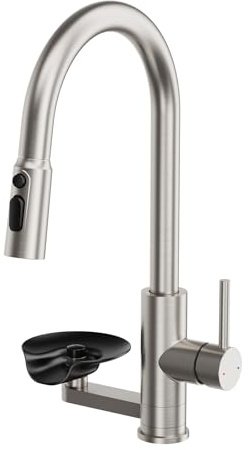 Ronvie Kitchen Tap with Pull Out Sprayer & Cup Washer, Glass Rinser Kitchen Sink Mixer Tap, 3-in-1 Single Handle Waterfall Faucet for Bar Sink Farmhouse, Utility & Laundry Room (Brushed)