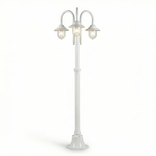 maolo Lampione da Giardino 3 Bracci Classico IP54 | 210cm in Alluminio | 3x E27 Max 60W | Palo Illuminazione Esterno per Viali, Ville e Cortili | Bianco/Nero (Bianco)
