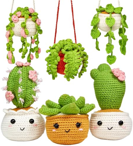 Crochet Kit for Beginners, Hanging Potted Plant Crochet Starter Kits with Step-by-Step Video Tutorials, DIY Craft Kits Amigurumi Knitting Supplies, 6pcs Succulents Cactus Monstera Plant Family