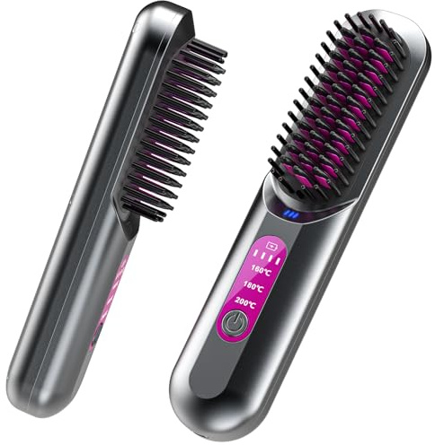 HOMELYLIFE Mini Cordless Hair Straightener Brush, 5000mAh with Negative Ion | 3 Temperature Heating, USB Rechargeable for Travel, Portable Heated Straightening Comb for Women, Beard Straightener for Men