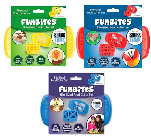 FunBites Sandwich Cutter for Kids Lunch, Crustless Bento 2-Pc Set, 3 Pack | Squares, Hearts & Triangles food cutter for toddlers, bite-size shapes, bento lunch accessory, BPA-free, dishwasher safe