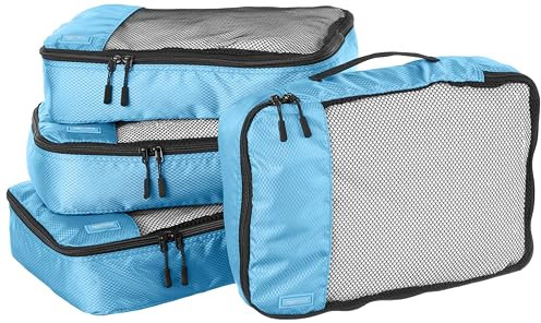 Amazon Essentials 4-teiliges Packwürfel-Reisezubehörset, Gepäckorganizer mit Doppelreißverschluss, Netzoberseite, 100% Polyester, mittelgroß, himmelblau (früher Amazon Basics)