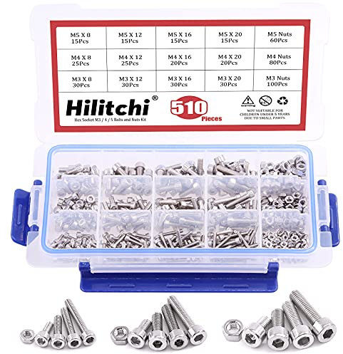 Hilitchi 510pcs M3 M4 M5 Edelstahl Knopf Kopf Innensechskant Kopf Schrauben Muttern Sortiment Kit – 304 Edelstahl