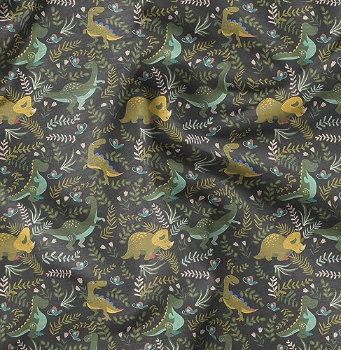 Soimoi Grau Baumwolle Batist Stoff Dinosaurier & Blatter Stoff drucken 1 Meter 42 Zoll breit