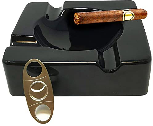 Large Cigar Ashtray Outdoor Ash Tray – 8.5 inch Big Ceramic Ashtrays Black Glossy Cigar for Indoor, Outdoor, Table, Patio, Home, Office Use – Cigar Accessories Luxury Gift Set for Men and Women