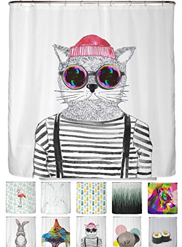 arteneur® - Hipster Katze aus Berlin - Anti-Schimmel Duschvorhang 180x200 - Recycelt mit Öko-Tex Standard 100 - Beschwerter Saum, Blickdicht, Wasserdicht, Waschbar, 12 Ringe