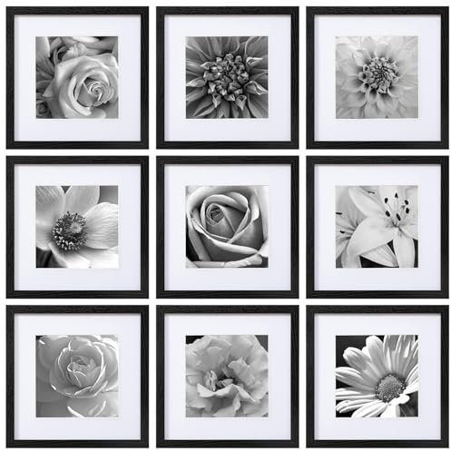 eletecpro 12x12 Picture Frames Set of 9 Classic Gallery Wall Frame Set Displays 8x8 Photo with Mat or 12x12 without Mat, Square Collage Wall Decor, Black Home Decor for Hanging