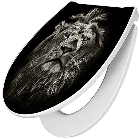 banjado Premium Toilettendeckel mit Absenkautomatik 45x38,4cm / WC Brille Soft Close/hygienischer Toilettendeckel/Klodeckel Duroplast mit Edelstahl Scharnier/Motiv Löwe Porträt