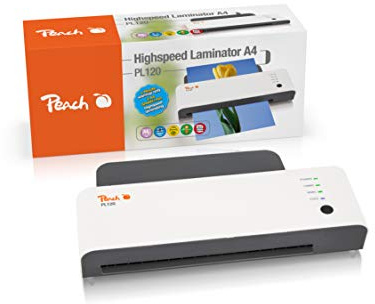 Peach PL120A laminator DIN-A4 inkl. 25 DIN A4 lamineringsfilmer och 10 delar startset | snabb start endast 60 sekunder jämfört med 3–5 min. | 2 filmer per minut/3 gånger snabbare än tidigare vanligt