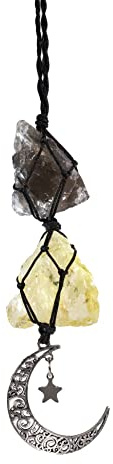 BOHO GARDEN Hanging Car Charm - Smoky Quartz & Citrine - Dangling Moon, Healing Crystal Accessories, Rearview Mirror Decorations ÐGrounding, Cleansing, Protection, Joy, Abundance, Clarity, Energy