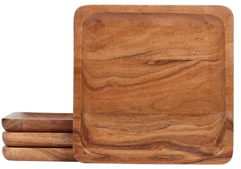 Lavaux Designs Set di piatti in legno di acacia, sottopiatti quadrati in legno Set di 4 | 25x25 cm | Infrangibile | senza giunture | Rivestimento per uso alimentare