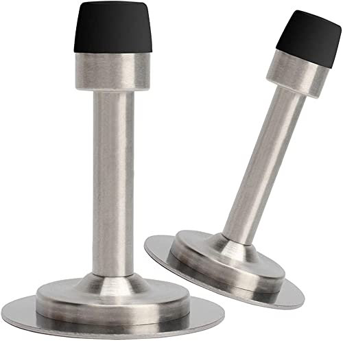 2 Pack Stainless Steel Door Stops, Self-Adhesive Door Stopper with Rubber Buffer, Screw Fixing or Stick on Wall or Skirtings——for Home Bathroom Bedroom Door（Silver）