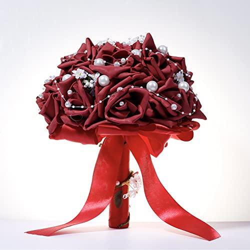 Blumenstrauß Romantische Hochzeit Künstliche Hochzeitsstrauß Koreanischen künstlicher Rosenstrauß Bouquet Deko Brautjungfer Blumenstrauß Brautstrauß mit Perlen Brautstrauss für Hochzeit,Rot