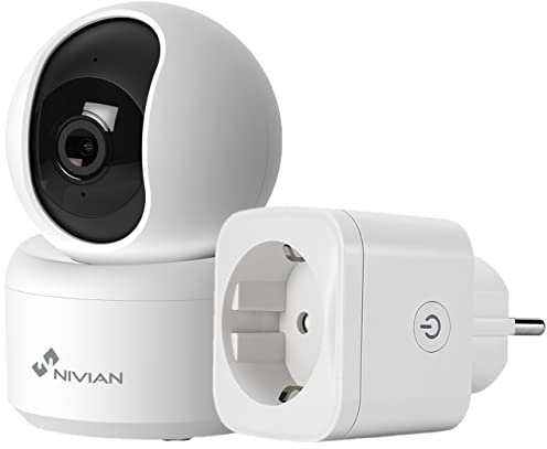 NIVIAN cámara Cámara de vigilancia Interior Domo 360º WiFi+Enchufe-2K-Audio bidireccional-Deteccion Humanos y Auto-Tracking-Apta para Interior-Compatible con Amazon Alexa y Google Home–App Tuya