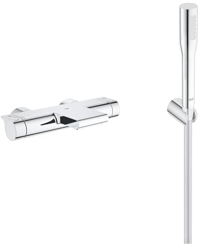 GROHE Grohtherm 2000 - Thermostat- Wannenbatterie (integrierte Wassersparfunktion, XL Wasserfall, Sicherheitssperre bei 38°C), chrom, 34174001 & Vitalio Get - Handbrause, chrom, 27459000