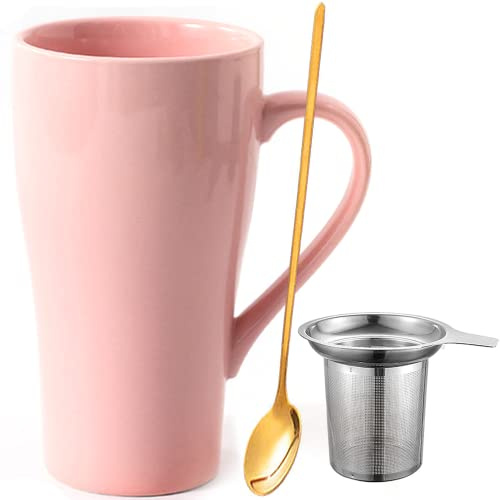 Arawat Taza Grande 500 ml Taza de Té con Colador Taza de Café XXL Taza de Té de Cerámica Original Taza de Café 500 ml Lindo Regalo de Cumpleaños Taza de Café Té Regalo (Rosa)