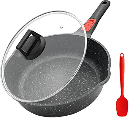 Bobikuke Poêle à Frire Antiadhésive 24 cm avec couvercle, D'aluminium poêle de chef saine en pierre avec Poignée détachable, Passe au four, Tous Types de Cuisinières