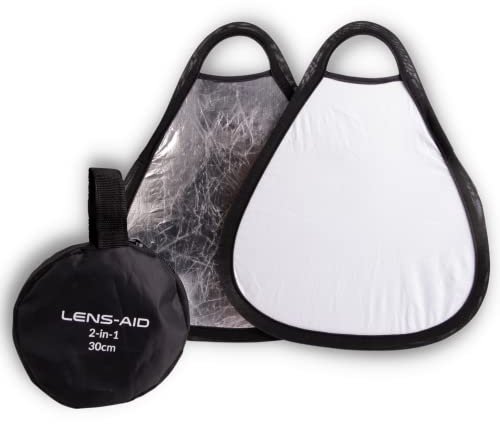Lens-Aid Réflecteur pliable 2 en 1 de 30 cm : réflecteur de lumière pliable en argent, blanc, pour la photographie en studio photo et en extérieur avec sac
