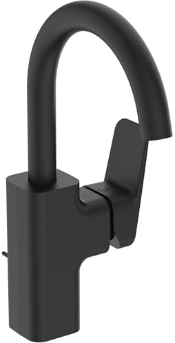 Ideal Standard BD235XG Ceraplan Waschtischarmatur H200, hoher Auslauf, mit Zugknopf-Ablaufgarnitur, Ausladung 14,5 cm, Schwarz (Silk Black)