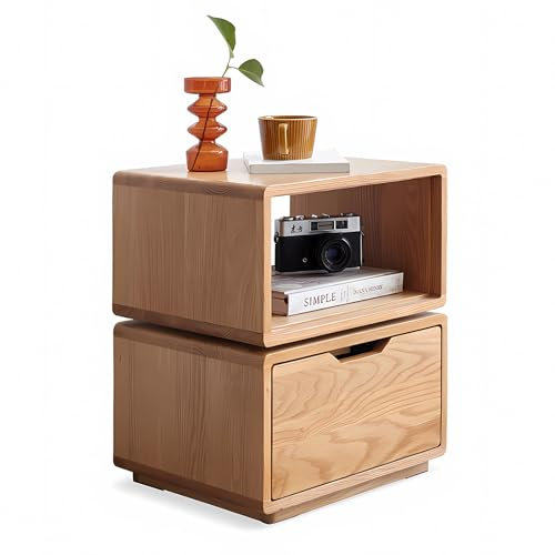 GHBXJX Couch Beistelltisch Eiche mit Stauraum, Massivholz Couchtisch mit Schublade, Drehbarer Coffee Table Sofa Tisch, Kleiner Nachttisch, Modern Holz Stubentisch, 40x32x46.8 cm