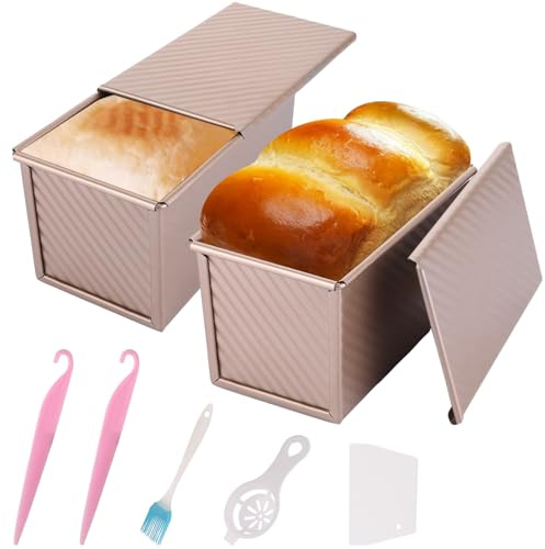 MUXHEL 2PCS 450g/1lb Loaf Tin, Non-Stick Pullman Bread Tin With Lid, Carbon Steel Baking Tin With Tools for Toast, Sandwich, Cake, Oven Baking - Rose Gold