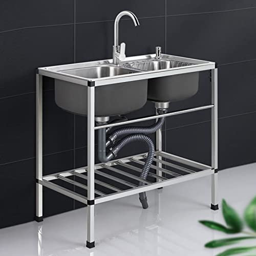 2 Becken Mobiles Küche Spültisch mit Wasserhahn,Küchenspüle Gewerbliche,mit Wasserhahn mit Kalt und Warmwasserschläuchen,mit Abfluss und Fallrohr,für Küche Restaurant Waschküche Baden von Haustieren (