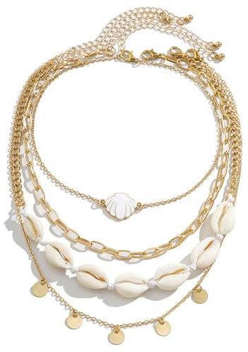 4 Stück Muschel Halskette Set, muschelkette, Natürliche Muschelketten, Layering Kette Goldn, Damen Natural Shell Choker Halsketten, Boho Muschelkette, für Damen Mädchen Sommer Strand Schmuck