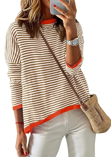 Chicrise Jersey Muje Rayas Cuello Redondo Suelto Sueter Casual con Bloques De Color Moda Camiseta Manga Larga Punto Marrón/Blanco/Rojo Pequeño 34-36