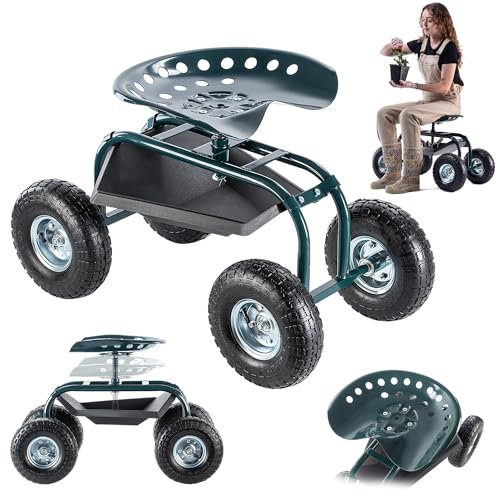 KADAX Sedia a rotelle da giardino per giardinaggio, carrello da giardino con pratico ripiano, sedile da giardino mobile, sgabello da giardino su ruote (verde – nero)