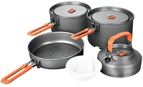 Camping-Kochgeschirr-Set | Outdoor-Kochset mit Topf, Kessel, Pfanne, Schüsseln und Spatel | Küchenutensilien für 4 bis 5 Personen, Rucksackreisen, Trekking, Wandern, Angeln, Picknick