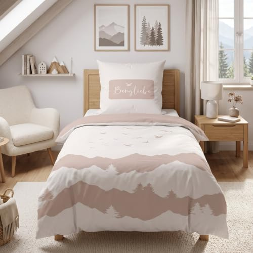 MTOnlinehandel Bergliebe Bettwäsche 135x200 + 80x80 cm, 100% Baumwolle, Natur Alpen Bergmotiv, Reißverschluss