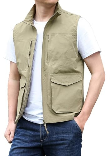 Gilet da uomo casual da esterno giacca con multi tasca gilet con cerniera intera gilet da uomo per escursionismo viaggi larghi comodi cappotti senza maniche da uomo gilet leggero taglie forti, cachi,