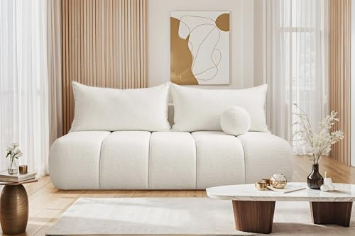 Kaiser Möbel - Sofa mit Schlaffunktion und Bettkasten, Schlafsofa mit Bettzeugbehälter, Wohnlandschaft, Klappsofa, Relaxsofa, Polstersofa, Zierkissen, Bequemes Couch für Wohnzimmer, Piano, Ecru