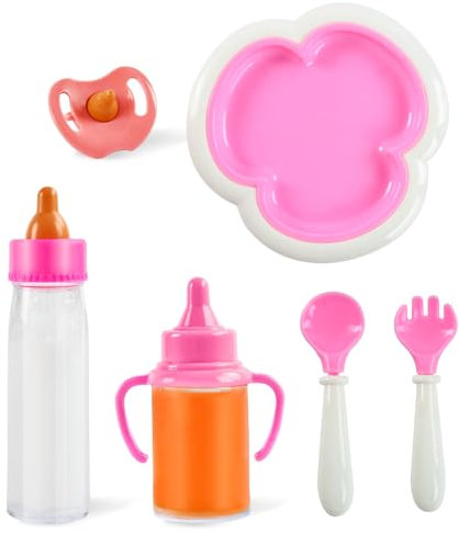 Magische Flasche Baby Puppe Flasche, 6 Stück Puppen Zubehör Set mit Magische Puppenflasche, Schnuller, Teller, Löffel, Gabel, Baby Puppenflasche, Puppenzubehör Puppenspielzeug, Puppen Fütterungsset