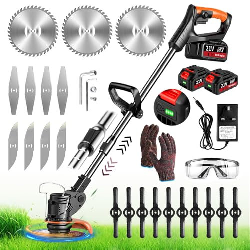 Cordless Strimmer 21v with Li-ion Battery and Charger Garden Strimmer Adjustable Grass Trimmer 90° Head Rotation Electric Strimmer Cordless with 3 Types Blades Brush Cutter for Gardens Lawns(Black)