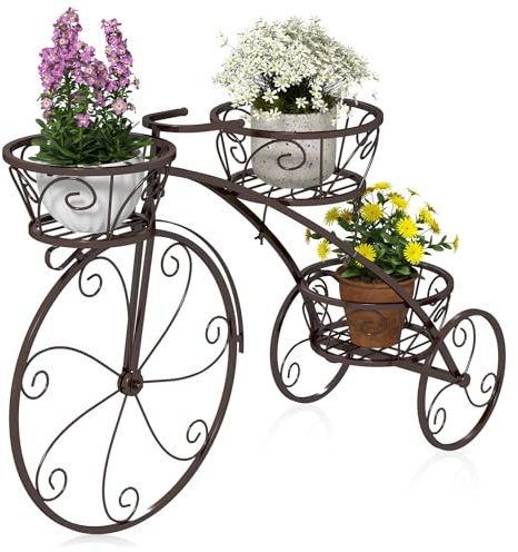 GOPLUS Pflanzenregal Fahrrad, Blumenregal mit 3 Ebenen, Blumenständer aus Metall, Pflanzenständer Blumentopfständer für Garten Balkon & Terrasse (85 x 25 x 50 cm,Bronze)