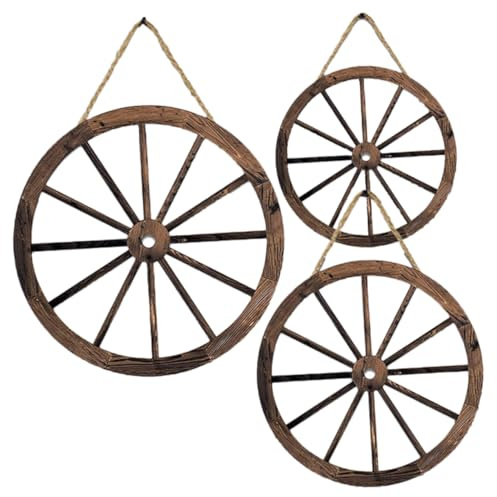 Adorno de Pared de Madera Ruedas, 3 Piezas, Marrón | Madera de Álamo, Estilo Retro Rústico, Forma Redonda, Colgante para Hogar y Fiesta