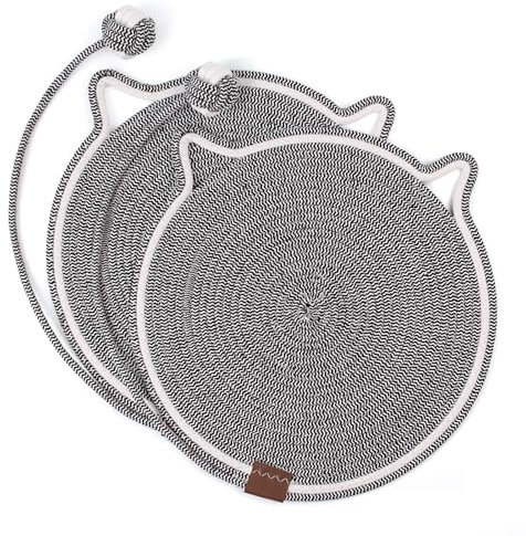 UIOK Kratzmatte Katze, 2 Stücke Kratzpappe Katze Grau Runder Kratzbrett mit Baumwollkugel Katzen Spielzeug, Sisal Kratzteppich 43x43cm Natürliche Katzenkratzbretter für Schützt Teppiche & Sofas (Grau)