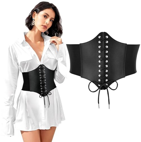 TRIWORKS korsettbälte för dam – elastisk snörkorsett, brett midjebälte/waspie med lace-up, vintage midjegördel för Halloween, karneval & cosplaykostym, svart, Passende Taille 31-34