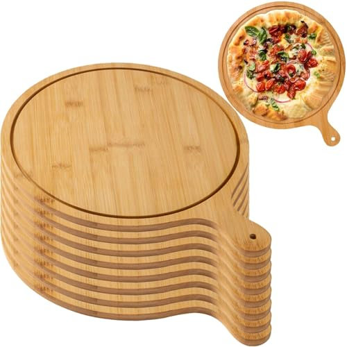 8 Pack 12 INCH Wooden Pizza Natural Bamboo Pizza Board, Lightweight Tray With Handles For Pizza Making, Storage, Transfer