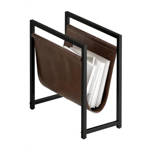 EMIDECO Zeitschriftenhalter Metall Schwarz Dunkelbraunes Leder – Design Modernes Magazinregal – Zeitungs- und Buchstütze – Platzsparende Aufbewahrung Wohnzimmer Büro – Eleganter Zeitschriftenständer