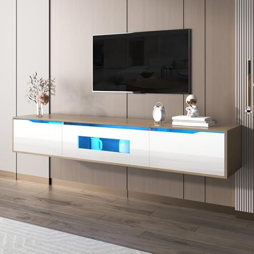 BTM Meuble TV Suspendu & au Sol, LED changeant de Couleur, Blanc Brillant et Bois, 180x30x35cm