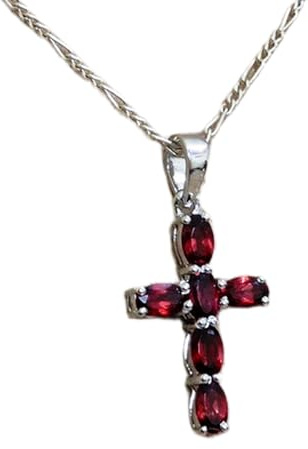 Ciondolo rosso sfaccettato ovale in granato naturale da 28x13 mm, collana con croce in argento sterling 925 con catena a maglie da 18 pollici, energia, passione, protezione, chakra della radice,